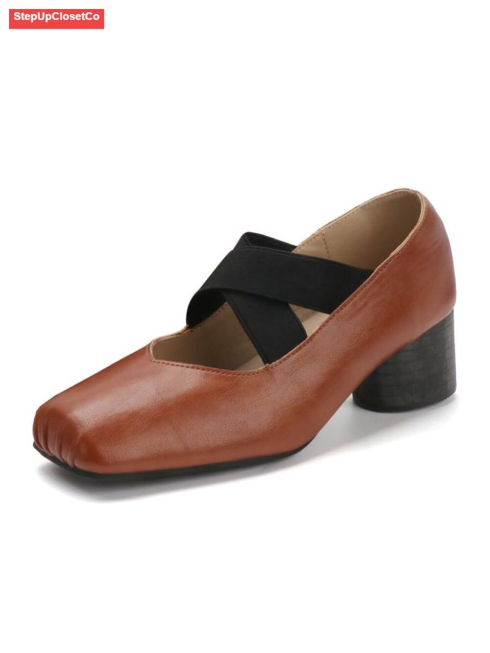 Mary Jane Ballet Heels Square Toe Pumps Faux Leather Elastic Strap